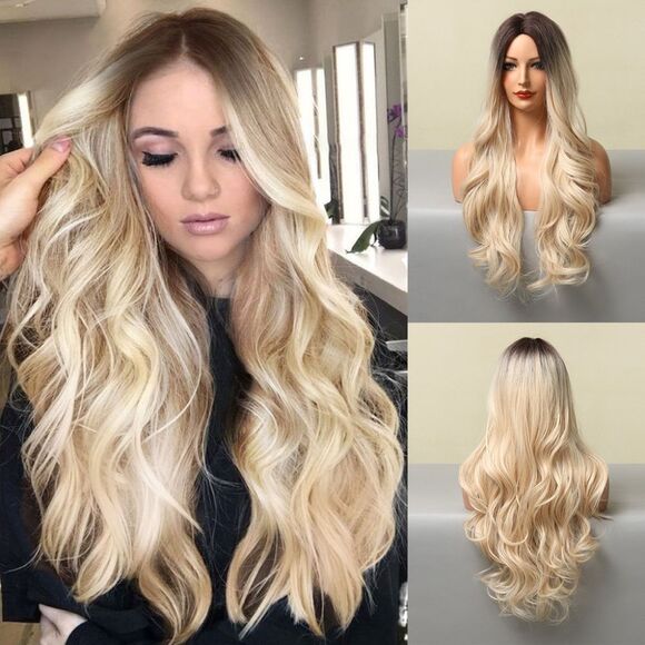 new fashion Gradual white to Golden long curly head cover wigs #5306 - Picture 8 of 8